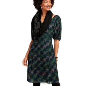 CAbi Elaine Puff Sleeve Multicolored Dot Mesh Dress Size Medium Fall Career
